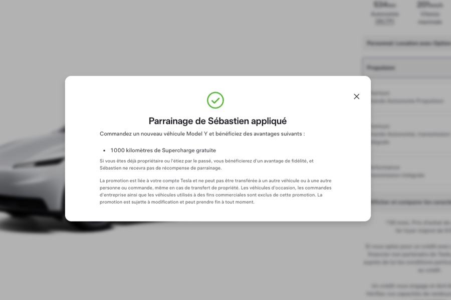 Confirmation du parrainage dans le parcours Tesla
