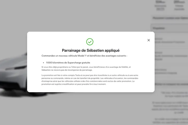 Confirmation du parrainage dans le parcours Tesla