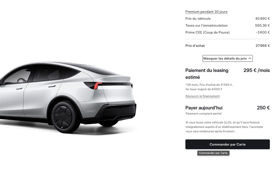 Récapitulatif Tesla avant paiement de réservation